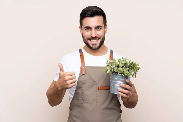 Jardinero Hombre Sosteniendo Una Planta Sobre Fondo Aislado Dando Gesto —  Fotos de Stock