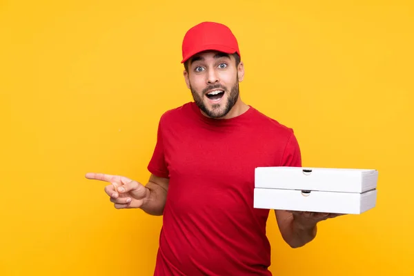 Pizza Delivery Man Work Uniform Pizza Boxes Isolated Yellow Background — Φωτογραφία Αρχείου