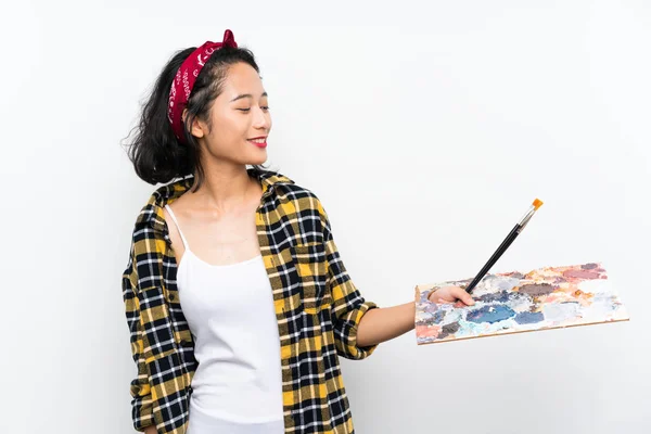 Jovem Artista Mulher Segurando Uma Paleta Sobre Fundo Branco Isolado — Fotografia de Stock