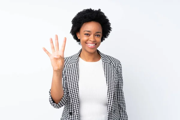 Африканська Американка Блізером Над Ізольованим Білим Фоном Щаслива Рахує Чотири — стокове фото