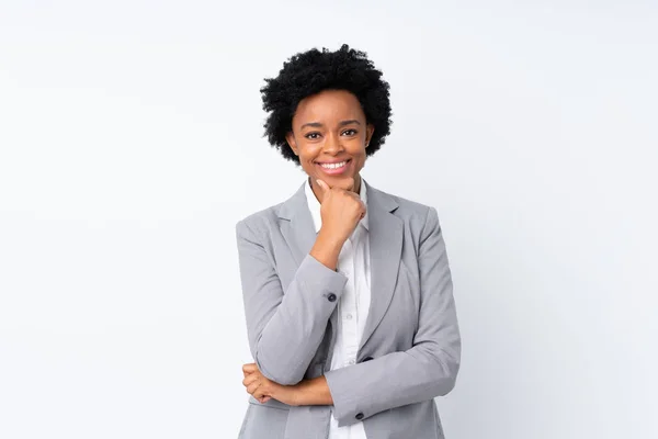 Africano Americano Mulher Negócios Sobre Isolado Fundo Branco Rindo — Fotografia de Stock