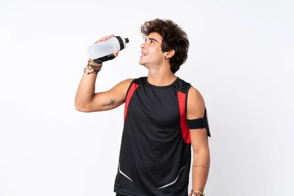 年轻的运动员 身上有纹身 背景是孤立的白色 有运动水瓶 — 图库照片