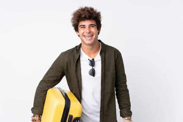 Young Traveler Man Holding Suitcase Isolated White Background Surprise Facial — Stock Photo, Image