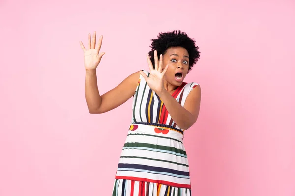 African American Woman Isolated Pink Background Nervous Scared — Stock Photo, Image