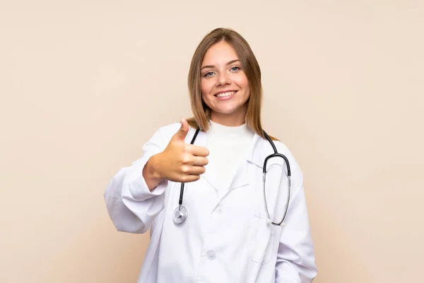 Young Blonde Woman Isolated Background Doctor Gown Thumb — Stock Photo, Image