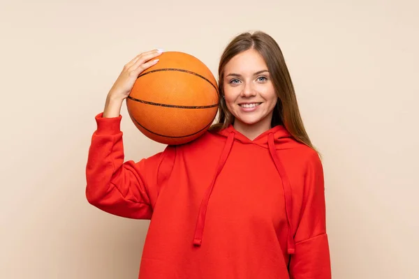 Giovane Donna Bionda Sfondo Isolato Con Palla Basket — Foto Stock