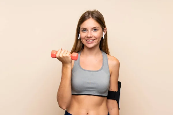Young Blonde Sport Girl Isolated Background Making Weightlifting — Stock Photo, Image
