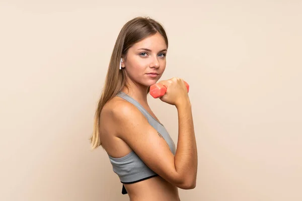 Jovem Loira Esporte Menina Sobre Isolado Fundo Fazendo Levantamento Peso — Fotografia de Stock