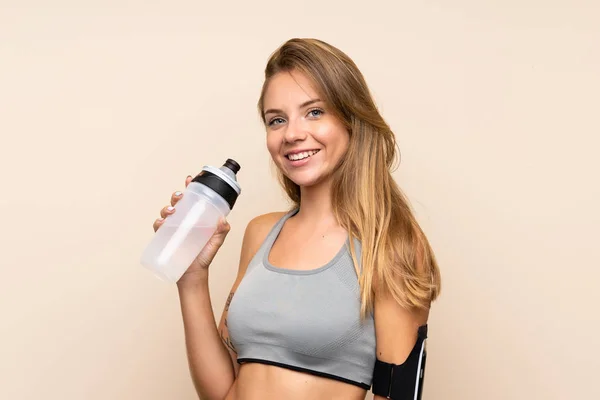 Joven Chica Deportiva Rubia Sobre Fondo Aislado Con Botella Agua — Foto de Stock