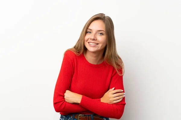 Jovem Loira Com Camisola Vermelha Sobre Fundo Branco Isolado Rindo — Fotografia de Stock