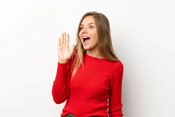 Young Blonde Woman Red Sweater Isolated White Background Shouting Mouth — Stock Photo, Image