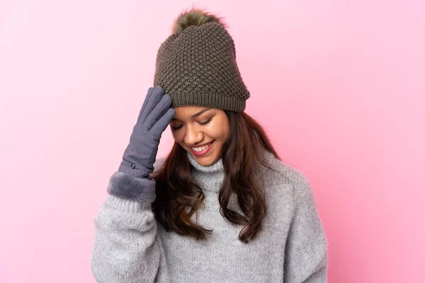 Young Colombian Girl Winter Hat Isolated Pink Wall Laughing — Stock Photo, Image