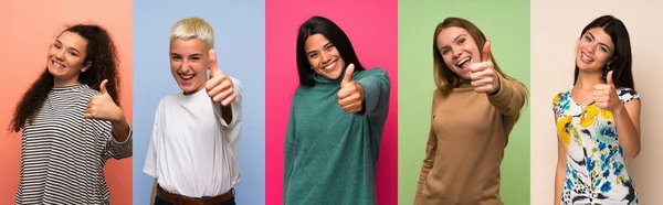 Set Donne Con Pollici Perché Successo Qualcosa Buono — Foto Stock