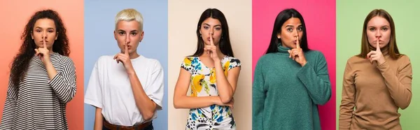 Набір Жінок Показують Знак Тиші Жест Кладе Палець Рот — стокове фото