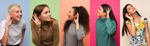 Conjunto Mujeres Escuchando Algo Poniendo Mano Oreja — Foto de Stock