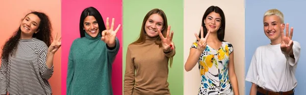 Conjunto Mujeres Felices Contando Tres Con Los Dedos —  Fotos de Stock