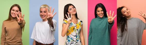 Σύνολο Γυναικών Ευτυχείς Και Μετρώντας Τέσσερις Δάχτυλα — Φωτογραφία Αρχείου