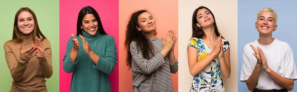 Conjunto Mujeres Aplaudiendo Después Presentación Una Conferencia —  Fotos de Stock