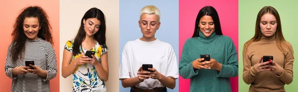Set Van Vrouwen Het Verzenden Van Een Bericht Met Mobiele — Stockfoto
