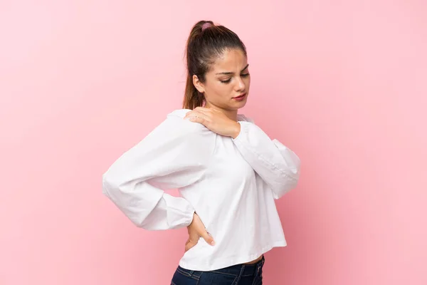 Young Brunette Girl Isolated Pink Background Suffering Pain Shoulder Having — Stock Photo, Image