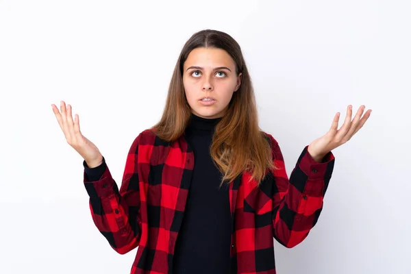 Ragazza Adolescente Sfondo Bianco Isolato Frustrato Una Brutta Situazione — Foto Stock