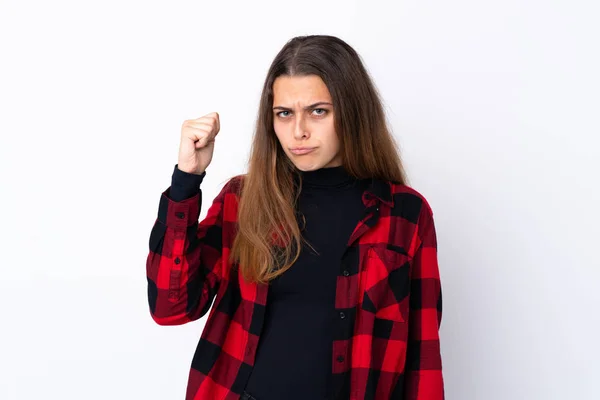 Adolescente Menina Sobre Isolado Fundo Branco Com Gesto Raiva — Fotografia de Stock