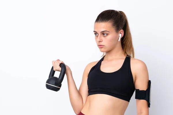 Teenager Sport Girl Isolated White Background Making Weightlifting Kettlebell — Stock Photo, Image