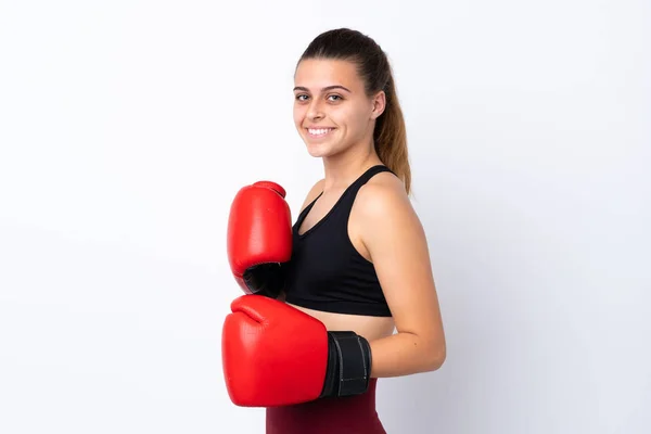 Ragazza Sportiva Adolescente Sfondo Bianco Isolato Con Guanti Boxe — Foto Stock