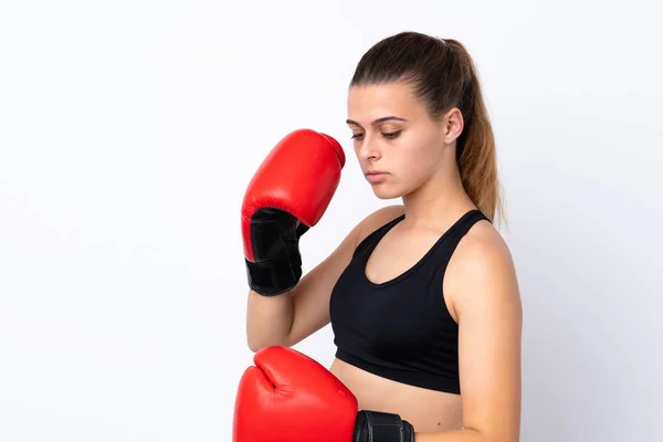 Adolescente Esporte Menina Sobre Isolado Fundo Branco Com Luvas Boxe — Fotografia de Stock