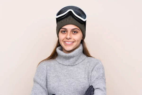 Tiener Skiër Meisje Met Snowboarden Bril Geïsoleerde Achtergrond Glimlachen Veel — Stockfoto
