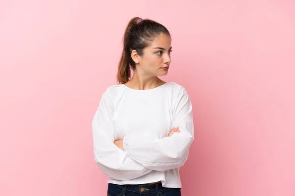 Young Brunette Girl Isolated Pink Background Portrait — ストック写真