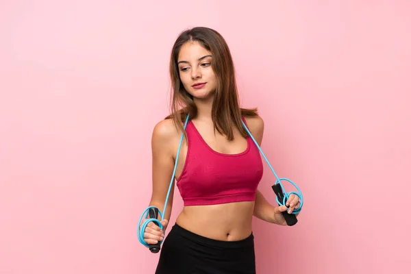 Young Sport Girl Isolated Pink Background Jumping Rope — Stock Photo, Image