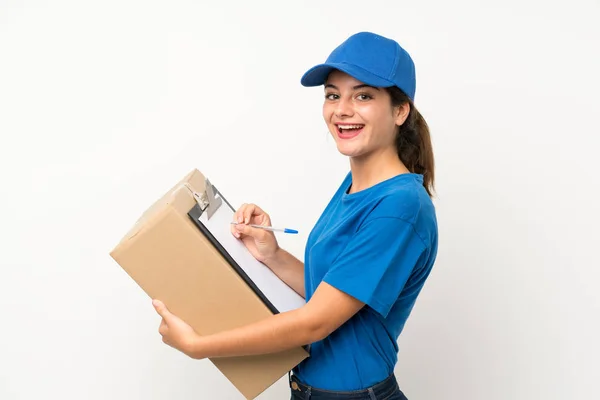 Jovem entrega menina sobre isolado branco fundo — Fotografia de Stock