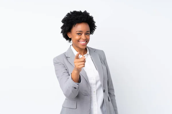 Африканська Комерційна Жінка Над Ізольованими Білими Фонами Вказує Пальцем — стокове фото