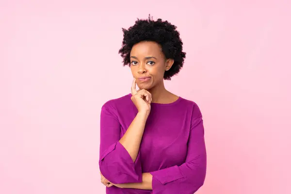 African American Woman Isolated Pink Background Looking Front — 스톡 사진