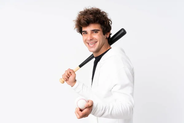 Молодий Білий Чоловік Над Ізольованим Білим Тлом Грає Бейсбол — стокове фото