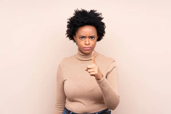 African American Woman Isolated Background Frustrated Pointing Front — Stock Photo, Image