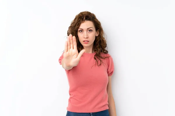 Joven Bonita Mujer Sobre Aislado Fondo Haciendo Stop Gesture —  Fotos de Stock