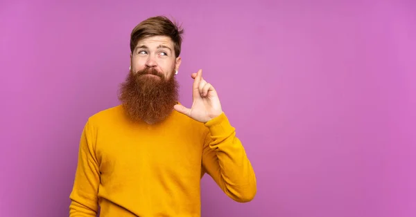 Pelirrojo Con Barba Larga Sobre Fondo Púrpura Aislado Con Dedos — Foto de Stock