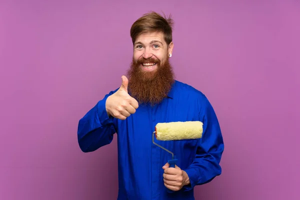 Painter Man Long Beard Isolated Purple Background Giving Thumbs Gesture — Stock Photo, Image