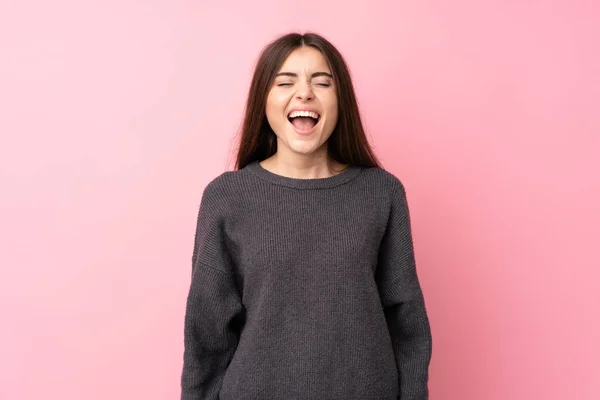Young Woman Isolated Pink Background Shouting Front Mouth Wide Open — Stock Photo, Image
