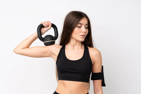 Mujer Deportiva Joven Sobre Fondo Blanco Aislado Haciendo Levantamiento Pesas —  Fotos de Stock