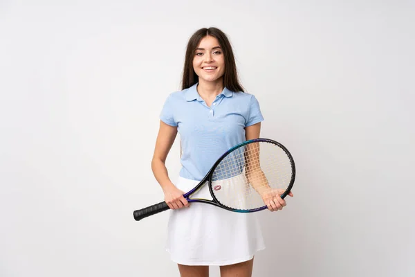 Giovane Ragazza Oltre Isolato Muro Bianco Giocare Tennis — Foto Stock