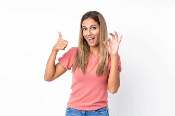 Young Blonde Woman Isolated White Background Showing Sign Thumb Gesture — ストック写真