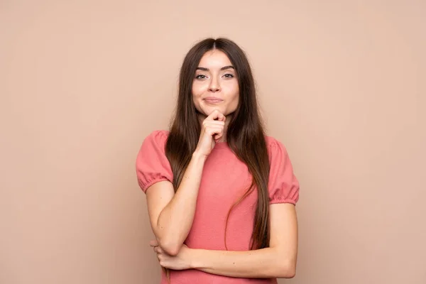 Joven Mujer Sobre Aislado Fondo Riendo —  Fotos de Stock