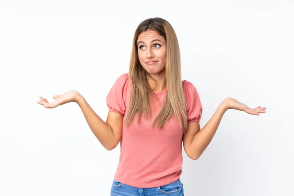 Young Blonde Woman Isolated White Background Making Doubts Gesture — ストック写真