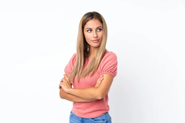 Mujer Rubia Joven Sobre Retrato Fondo Blanco Aislado —  Fotos de Stock