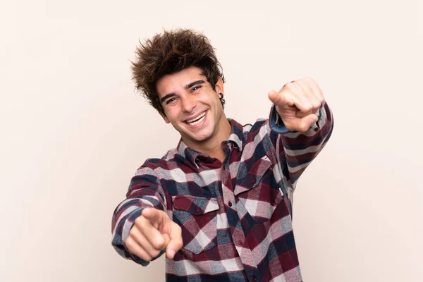 Young Caucasian Man Points Finger You While Smiling — Stock Photo, Image