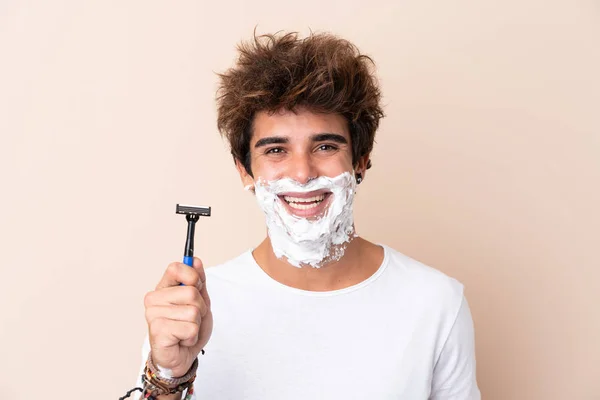 Young Handsome Man Shaving His Beard Smiling Lot — Stock Photo, Image