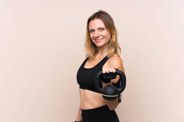 Blonde Sport Woman Isolated Background Making Weightlifting Kettlebell — Stock Photo, Image